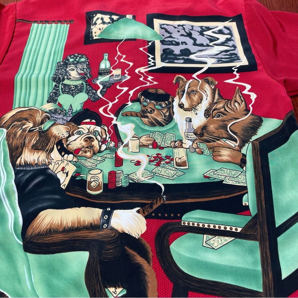 DRAGONFLY - DOGS PLAYING POKER Men’s M Shirt Red Polyester Vegas Gambling